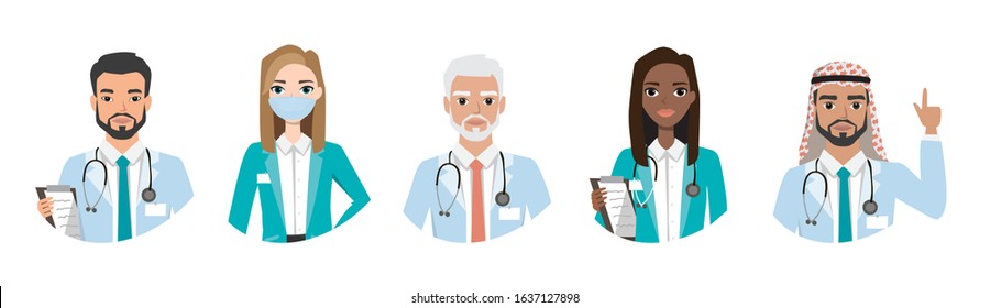 Group of doctors, nurses and medical staff people, isolated on white background. Different nationalities. Hospital medical team concept. People character set