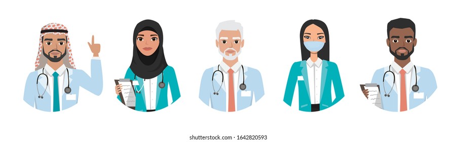 Group of doctors, nurses and medical staff people, isolated on white background. Different nationalities. Hospital medical team concept. People character set