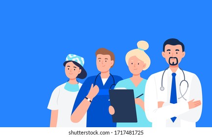 Group of doctors, nurses, and medical staff. Medical team concept. Flat character design.