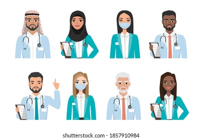 Group of doctors, nurses and medical staff people, isolated on white background. Different nationalities. Hospital medical team concept. People character set