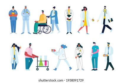 Group of doctors and nurses and medical staff. Medical team concept in flat design people character.