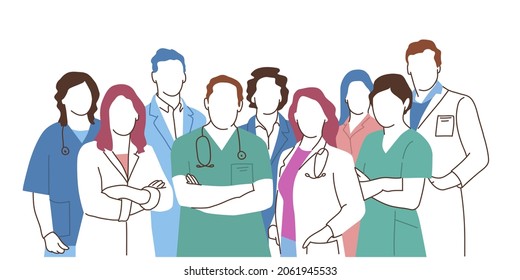 Group Of Doctors And Nurses, Medical Staff. Hand Drawn Vector Illustration.