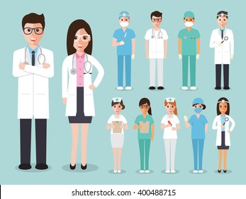 Group Of Doctors And Nurses And Medical Staff. Medical Team Concept In Flat Design People Character.