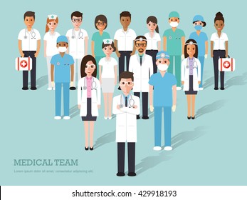 Group of doctors and nurses and medical staff. Medical team concept in flat design people character.