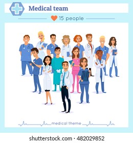 Group of doctors, nurses and medical staff people, isolated on white background. Different nationalities. Cute flat cartoon style. Hospital medical team concept.People character set in various poses.