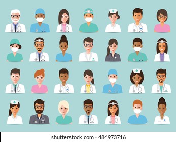 Group of doctors and nurses and medical staff avatar icons. Flat design people character set.