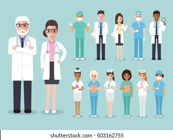 Group of doctors and nurses and medical staff. Medical team concept in flat design people character set.