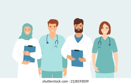 Group of doctors and nurses on blue background. Young and happy medical people portrait. Vector illustration.