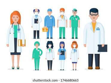 Un grupo de médicos, enfermeras y ordenanzas. Un equipo de profesionales para prevenir la propagación de virus. Conjunto de caracteres médicos. Dibujo gráfico de vector plano del personal médico
