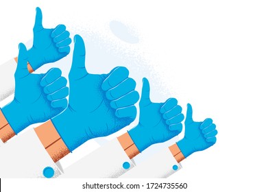 Group of doctors or nurses raised up hands in blue medical protective gloves showing thumb up like sign gesture. Doctors recommendation concept. Vector illustration