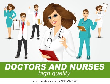 group of doctors and nurses set isolated over white background
