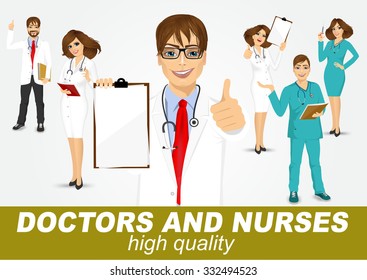 group of doctors and nurses set isolated over white background
