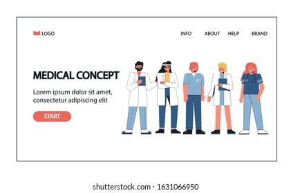 Group doctors and nurses standing together. Medical people profession modern vector illustration. Doctors team, hospital staff. Vector illustration in flat style, landing page design template.