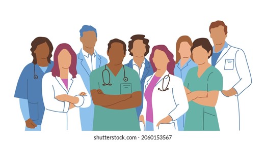 Grupo de médicos y enfermeras parados juntos en diferentes poses. Ilustración vectorial en el estilo plano.