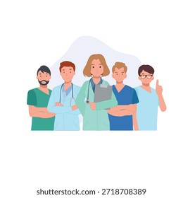 group of doctors and nurses standing together in a hospital setting, representing modern healthcare teamwork, medical professions