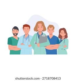 Un grupo de médicos y enfermeras juntos en un hospital