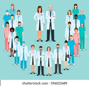 Group of doctors and nurses standing together. Medicine banner. Medical team. Flat style vector illustration.