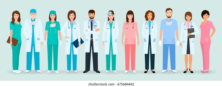 Group of doctors and nurses standing together. Medical people. Hospital staff. Flat style vector illustration.