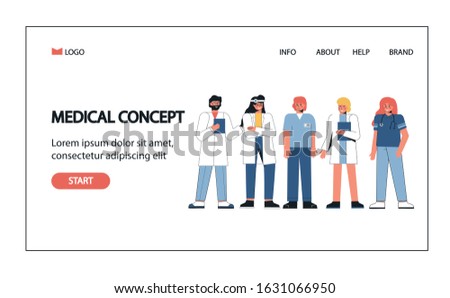 Group doctors and nurses standing together. Medical people profession modern vector illustration. Doctors team, hospital staff. Vector illustration in flat style, landing page design template.
