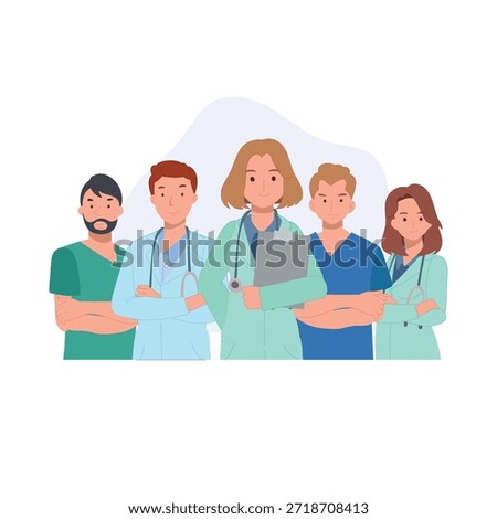 group of doctors and nurses standing together in a hospital