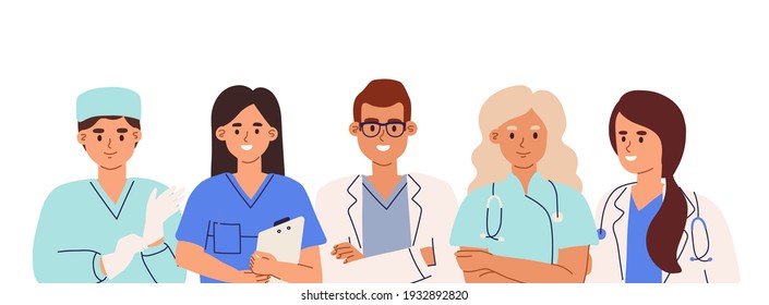 Group Of Doctors, Nurses, Surgeon, Pharmacist And Therapist With Gloves And Stethoscopes. Team Of Smiling Medic Workers. Colored Flat Cartoon Vector Illustration Isolated On White Background