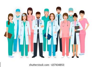 Group Of Doctors And Nurses Team Standing Together In Different Poses. Medical People. Hospital Staff. Flat Style Vector Illustration