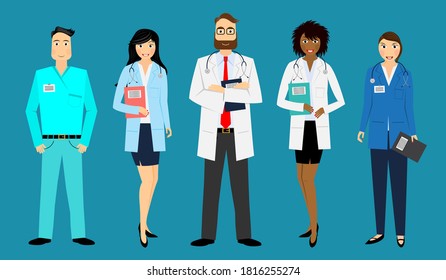 Group of doctors and nurses in uniforms - medical personnel. Vector illustration.