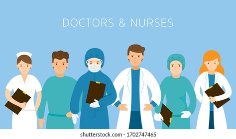 Group of Doctors and Nurses Wearing Uniform, Protective Suits, Hospital, Healthcare and Medical