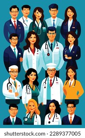 Group of doctors and nurses wearing uniform in vector illustration
