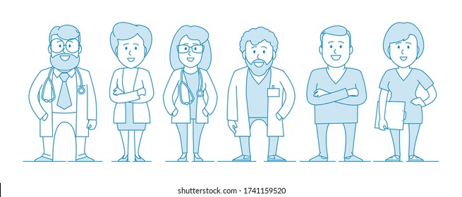 Group of doctors of our medical staff. Medical specialists. Medical worker at a clinic or hospital. Illustration in line art style. Vector