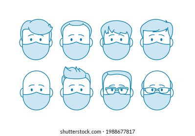 Group of doctors of our medical staff. Medical specialists in medical masks. Medical worker at a clinic or hospital. Illustration in blue colors. Vector in line art style
