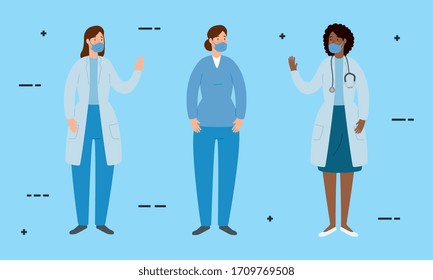 group of doctors with paramedic females using face mask vector illustration design