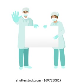 Group of doctors presenting empty banner. Doctor and nurse in protection suit and mask with stop sign. Isolated on white. Vector 