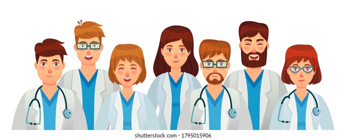 Group of doctors. Professional medical staff team, uniform clinic, nurse and surgeon with stethoscope. Vector illustration