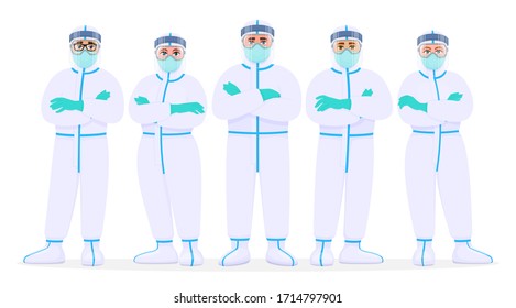 Group of doctors in protection suit, face shield, mask and goggles. Team of medical staffs with personal protective equipment. Physicians covering with safety coverall. Cartoon illustration in vector
