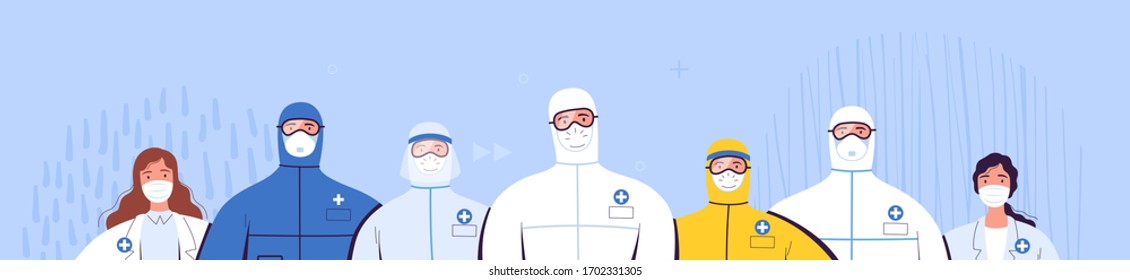 Group of doctors in protective suits, glasses and medical masks are standing next to each other. The concept of the struggle of medical personnel with the new coronavirus COVID-2019