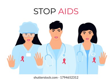 Eine Gruppe von Ärzten mit roten Bändern an medizinischen Kleider zeigt einen Gestenstop. Welt-AIDS-Tag