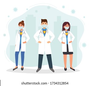 Group of doctors save the city from the virus. The doctor is a modern hero 2020. Vector illustration