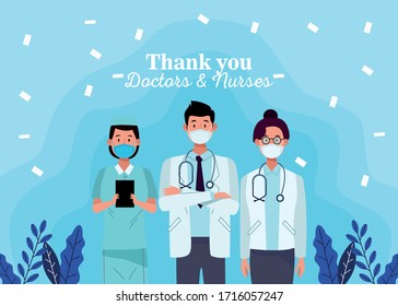 group of doctors staff characters with thak you message vector illustration design