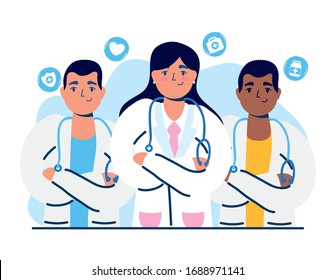 group of doctors staff with medical icons vector illustration design