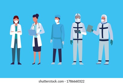 group of doctors staff wearing medical mask vector illustration design