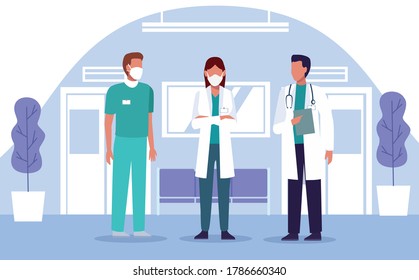 group of doctors staff wearing medical mask in the hospital place vector illustration design