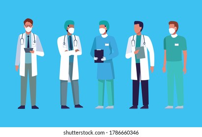 group of doctors staff wearing medical mask vector illustration design