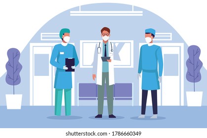 group of doctors staff wearing medical mask in the hospital place vector illustration design