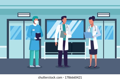 group of doctors staff wearing medical mask in the hospital corridor vector illustration design