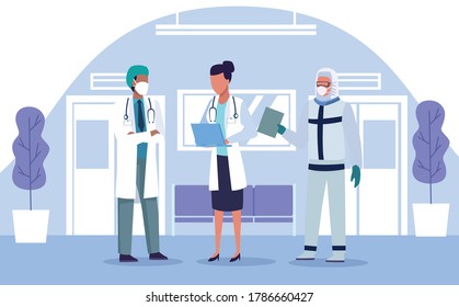 group of doctors staff wearing medical mask in the hospital place vector illustration design