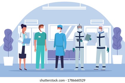 group of doctors staff wearing medical mask in the hospital place vector illustration design