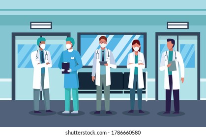 group of doctors staff wearing medical mask in the hospital corridor vector illustration design