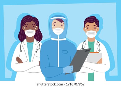 group of doctors staff wearing medical masks characters vector illustration design