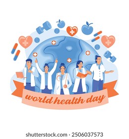 A group of doctors standing in front of a globe. Commemorating World Health Day, April 7. World Health Day concept. Flat vector illustration.